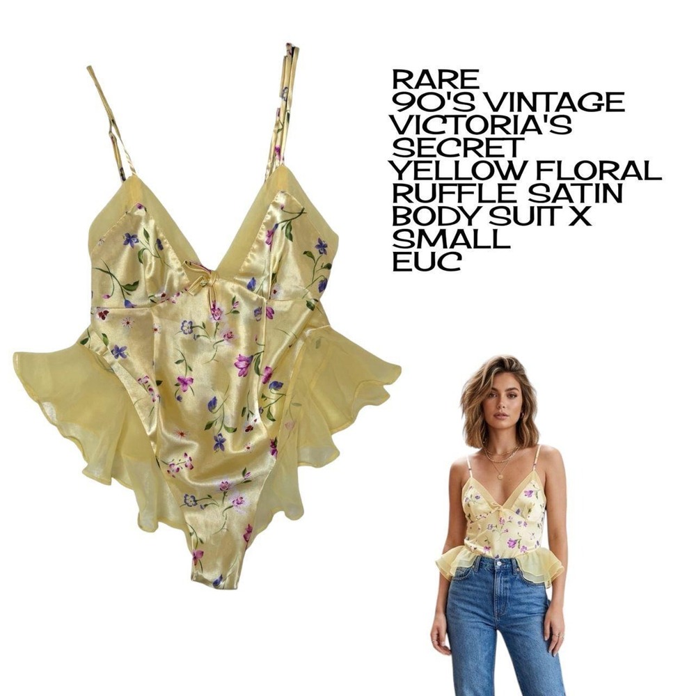 Rare Vintage 90s Victorias Secret‎ Yellow Floral Ruffle Teddy Bodysuit XS